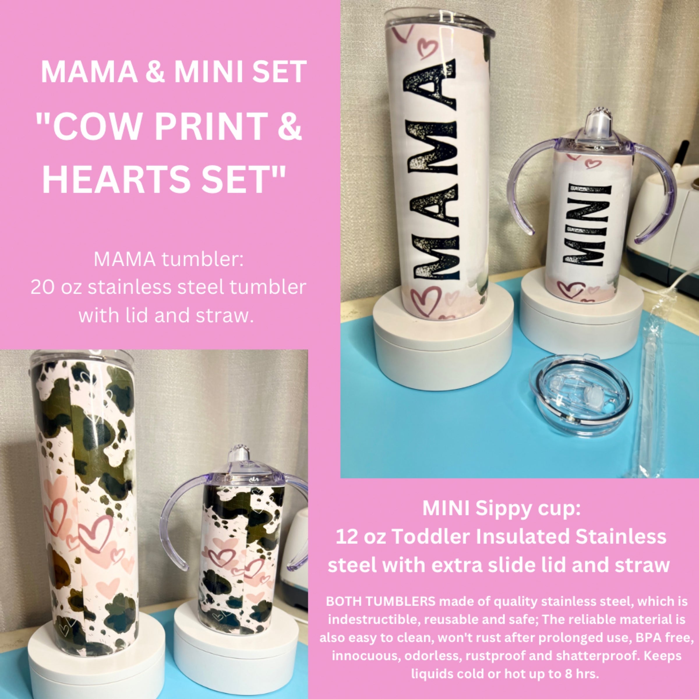 Cow Print And Teal Mama And Mini Tumbler Set, Cow Print Tumbler Gift Set,  Cow Print Sippy Cup, Mama And Mini Gift Set